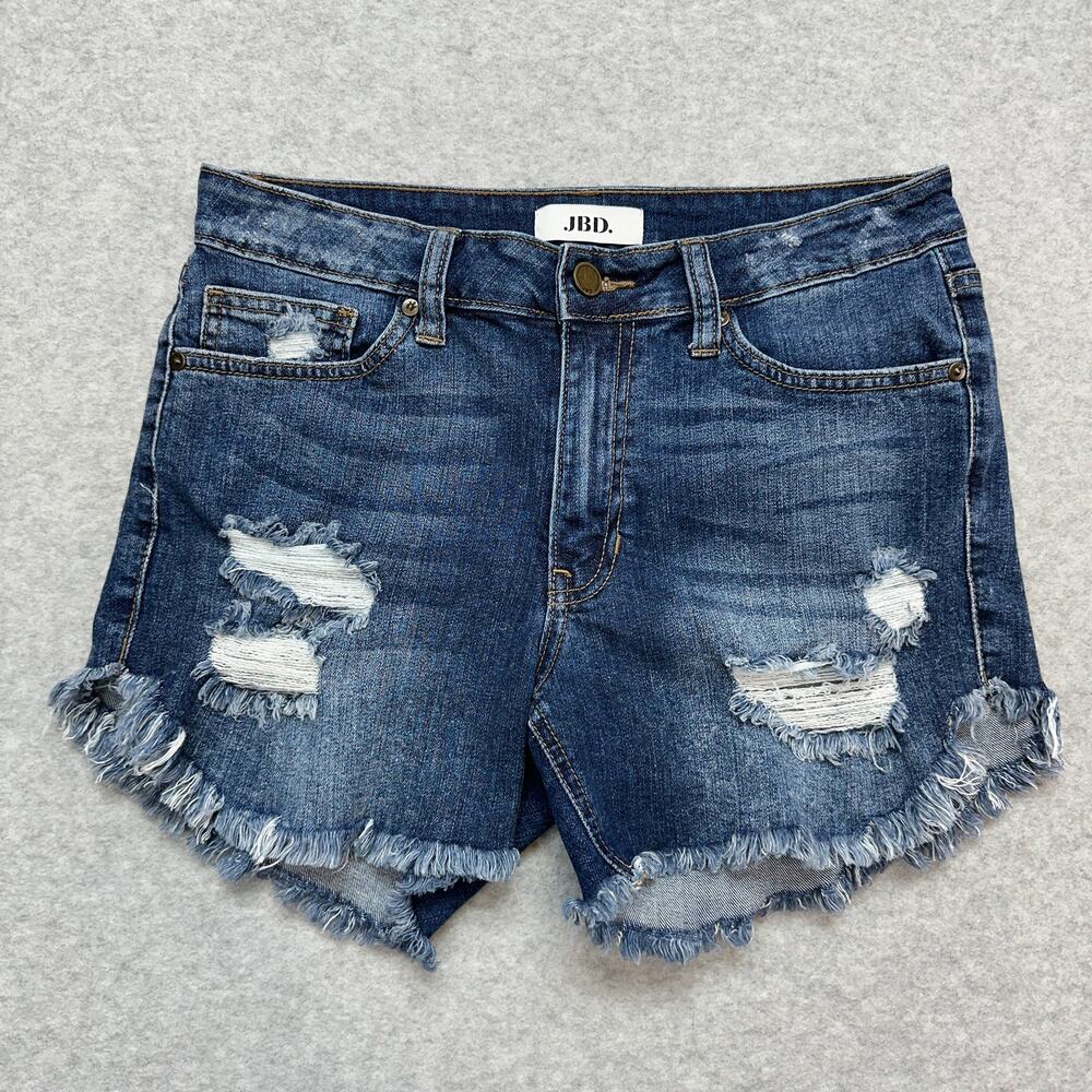 JBD by Just Black Denim Distressed Jean Shorts WMNS M Blue Med Wash Frayed Hem
